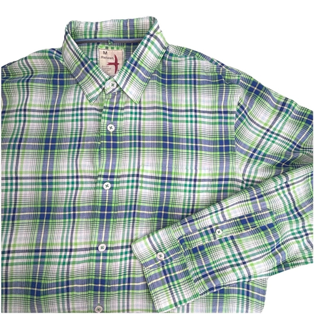 Relwen Button Up Shirt Men’s Medium Blue Green Plaid Long Sleeve